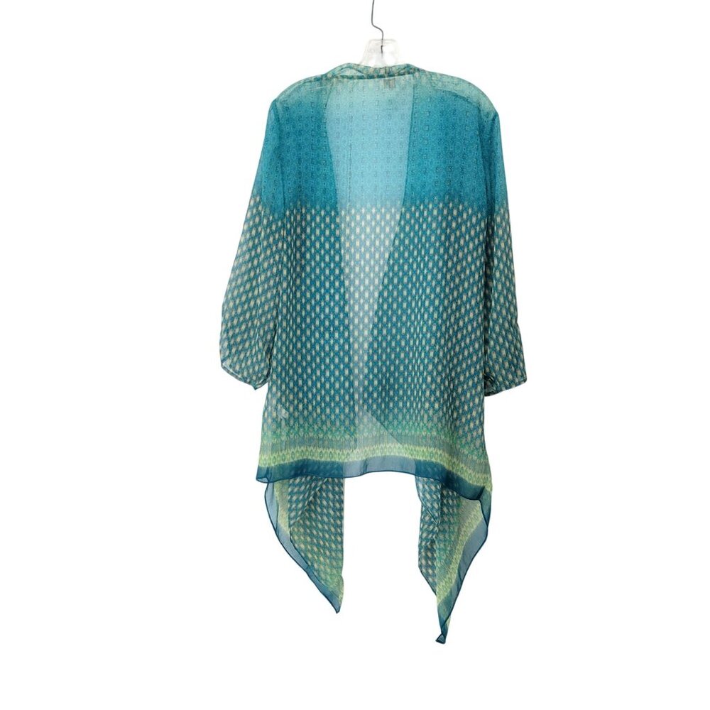 Chico's Sheer Open Front Kimono Cardigan Size 2, Women's Large Blue & Green Geom - Picture 2 of 3